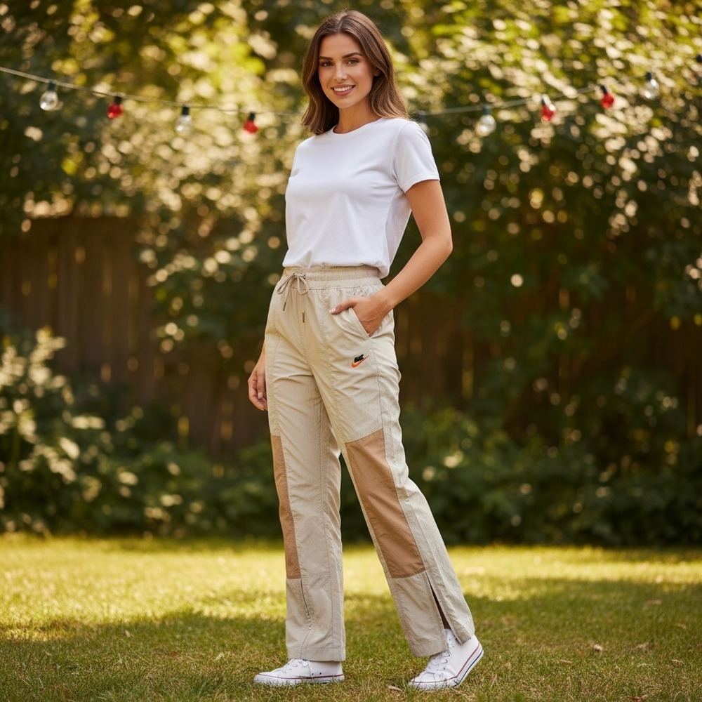 Nike Wide Leg Track Pants Womens Small Beige Y2K Gorpcore Split Hem Cargo S